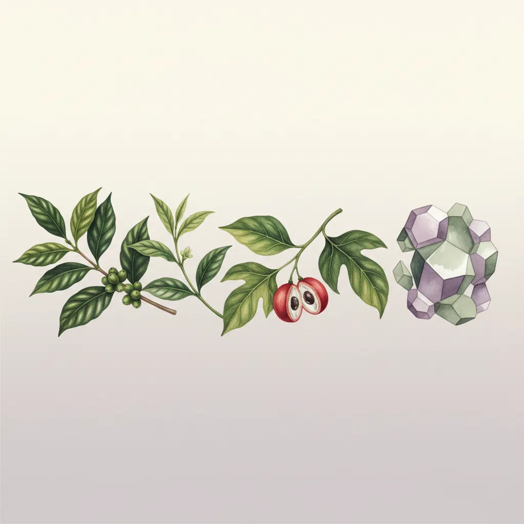 Watercolour botanical illustration of green coffee, green tea and guarana plants