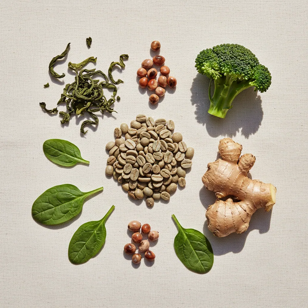 Green coffee beans, green tea leaves, guarana seeds and botanical ingredients flat-lay