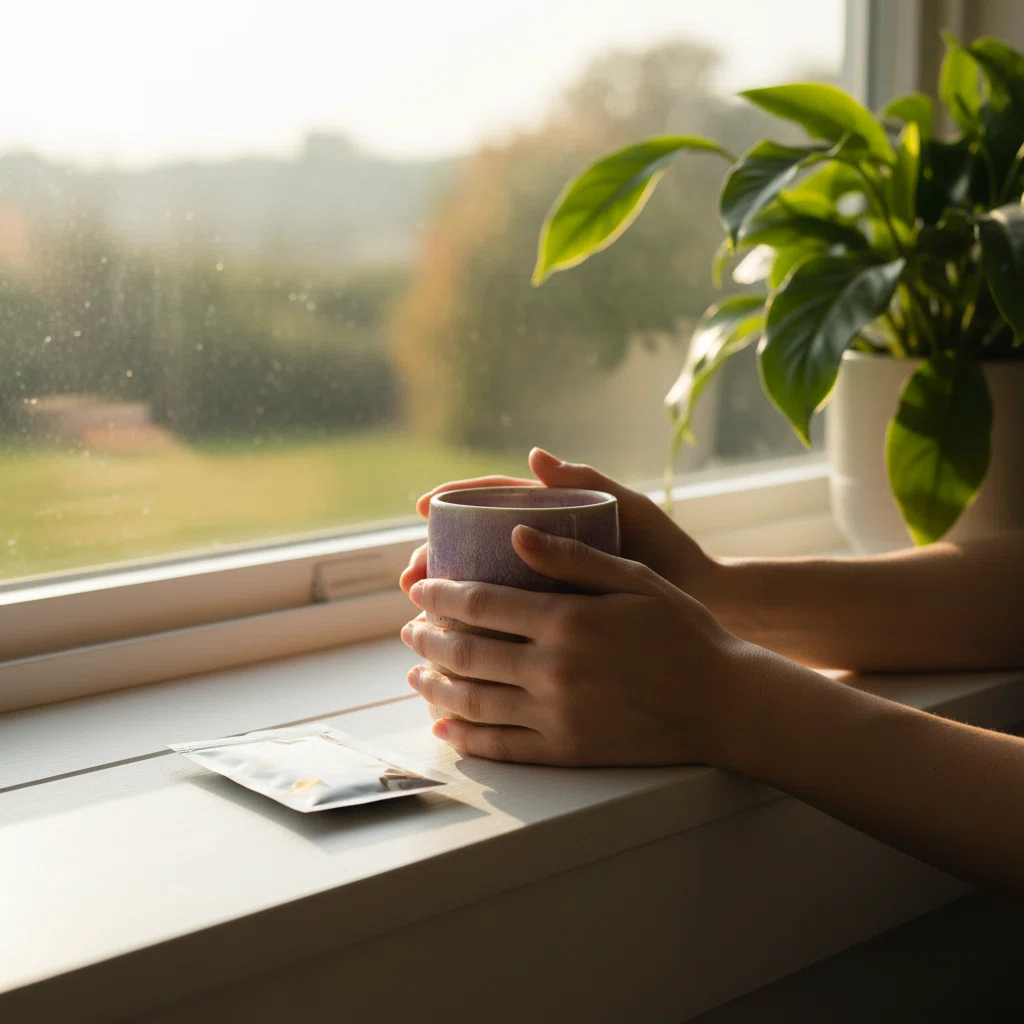 Anonymous hands holding a morning coffee mug beside a supplement sachet