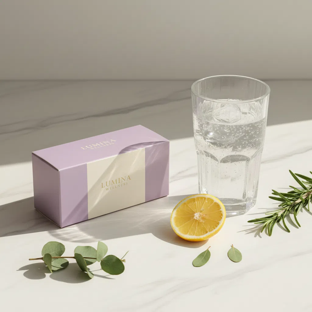 Slim Coffee Booster box with water glass and fresh botanicals on marble