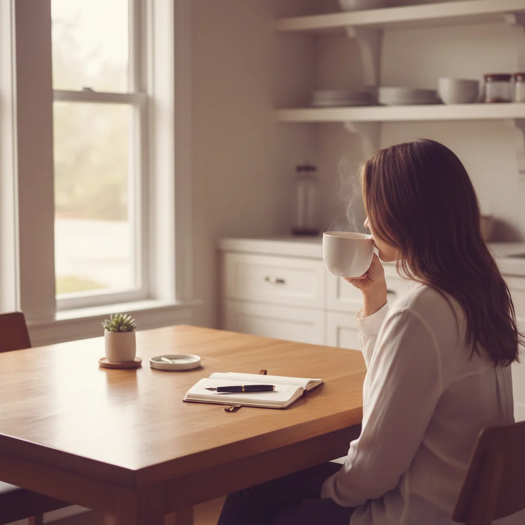 Person from behind enjoying morning coffee at a kitchen table with a notebook